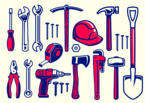 vector illustration of various red and black hand tools in a grid on an off-white background