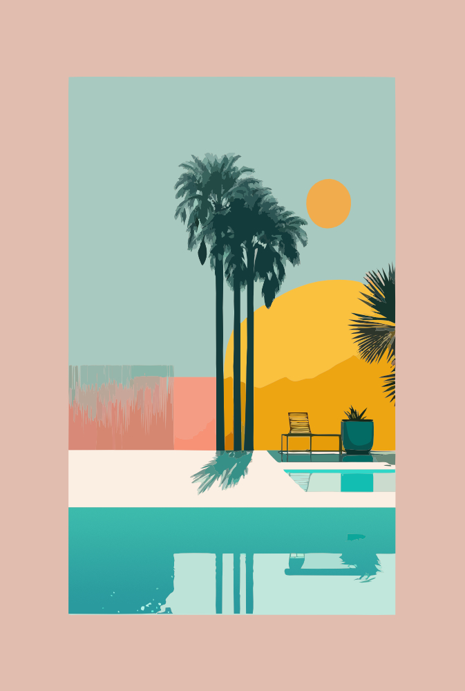 a vector graphic of palm trees bhind a pool with mountains in the background.