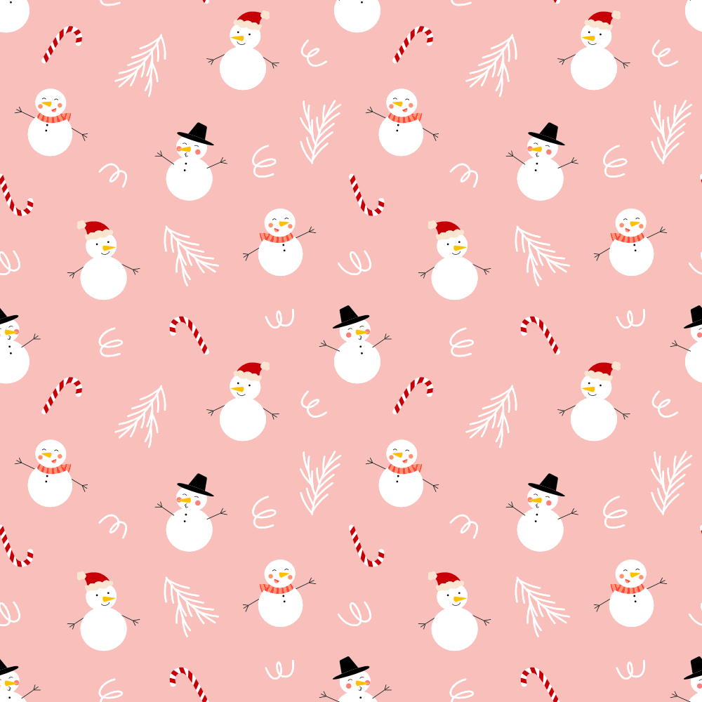 a pattern of snowmen and candy canes on a pink background